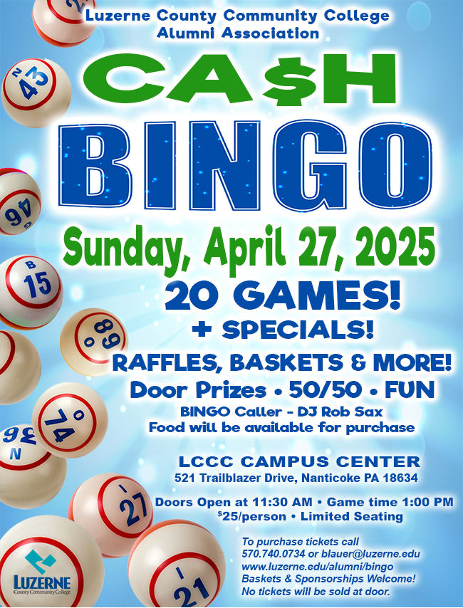 Cash Bingo, Campus Center, Building 14, Doors open at 11:30 a.m - Game time at 1:00 p.m