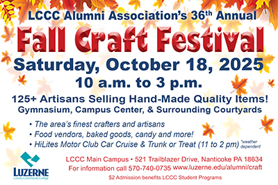 LCCC Alumni Association's 36th Annual Fall Craft Festival Saturday, October 18, 2025 10 a.m. to 3 p.m.